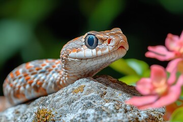 Fototapeta premium Colorful snake resting on a rock among vibrant flowers in a lush spring setting