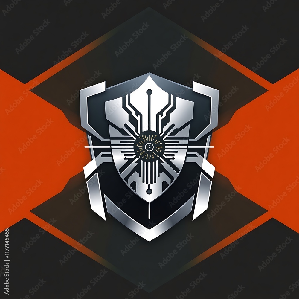 Poster cybersecurity shield: a futuristic shield with circuit board patterns and a central eye, symbolizing