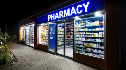 Exterior view of a brightly lit pharmacy at night with fully stocked shelves visible through the glass.