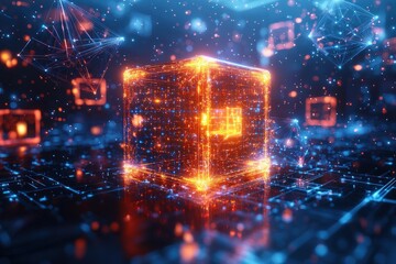 Fototapeta premium Glowing digital cube on grid surface with network connections and data flow in cyberspace