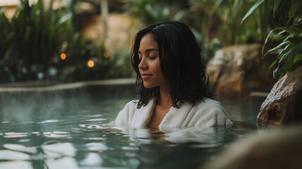 Fototapeta premium A girl with shoulder-length black hair, wearing a luxurious white bathrobe, sitting in a hot spring surrounded by smooth rocks and lush greenery. The spa is an indoor-outdoor space