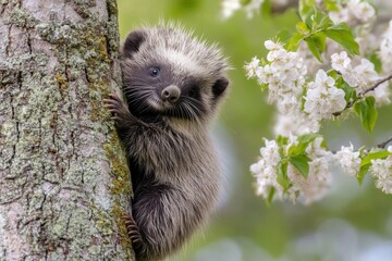 Obraz premium Porcupine skillfully climbing a tree while surrounded by blooming flowers in springtime