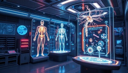 Futuristic Medical Laboratory: Advanced Holographic Displays of Human Anatomy and Neurology