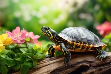 Obraz premium Colorful turtle resting on a log surrounded by vibrant flowers in a lush garden setting