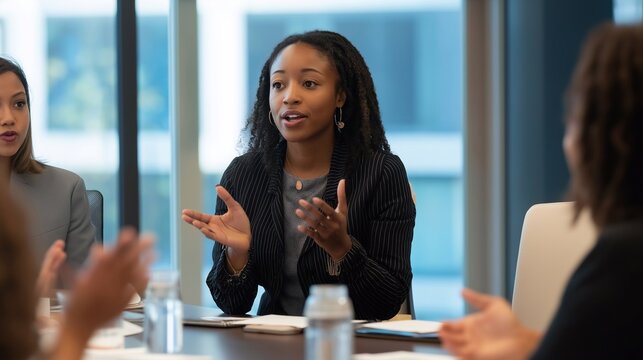 A young black woman presenting confidently in a professional setting, symbolizing leadership, motivation, and career success. Ideal for concepts of empowerment and public speaking