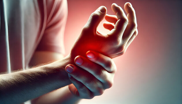 Redness in the hand of man. Concept of rheumatic arthritis, rheumatism, gout, joint swelling