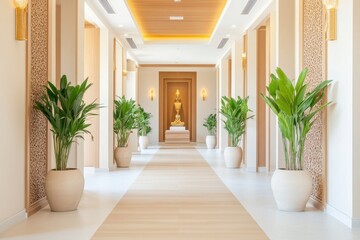 Fototapeta premium Tranquil and Serene Hallway in Modern Spa Featuring Elegant Indoor Plants, Wall Art, and Soft Lighting for a Relaxing Ambiance