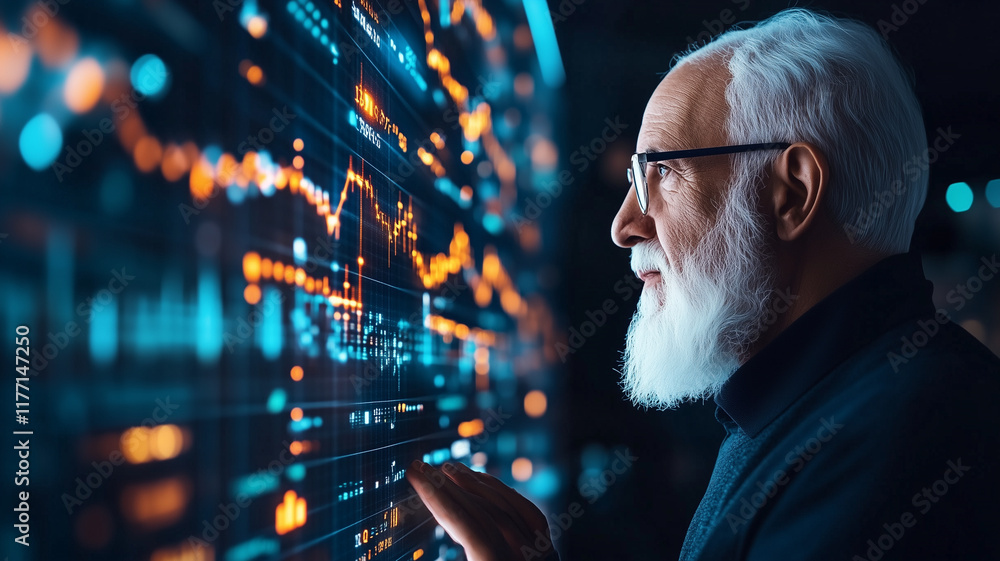 Poster elderly man analyzes data on digital screen, showcasing graphs and statistics. his thoughtful expres