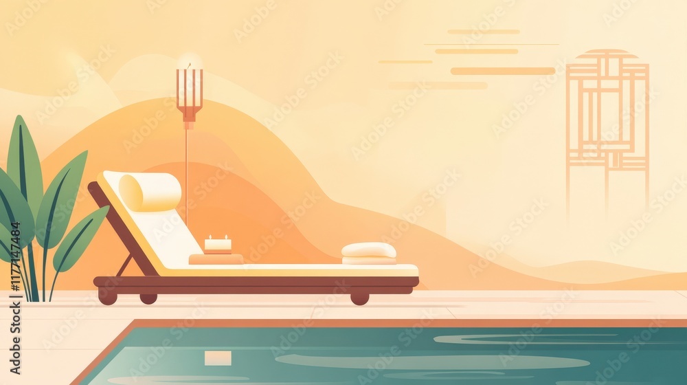 Poster serene summer escape with a lounge chair by the pool surrounded by soft tones and a relaxing atmosph