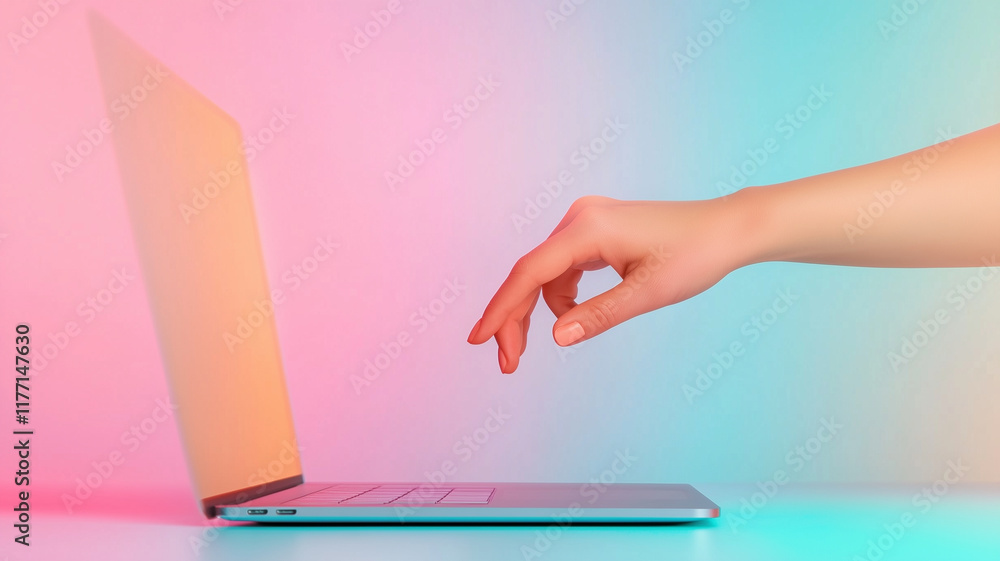 Aufkleber hand reaching towards laptop on colorful gradient background, symbolizing technology and connection.
