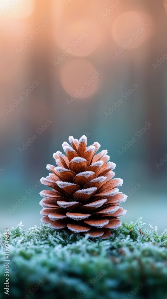 Poster frosted pine cone on moss in soft morning light with bokeh background in a winter wonderland setting