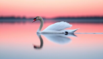 Fototapeta premium A lone swan gliding over calm waters at sunrise, swan freedom beauty, serene splendor, abstrack background, no blur, photo not dark, everything is clear, copy space