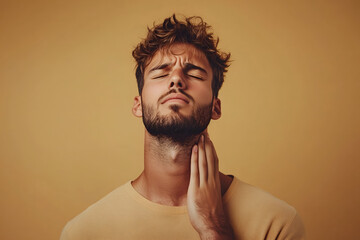 Handsome man with neck pain. Concept of sore throat, pharyngitis, laryngitis, thyroiditis, choking