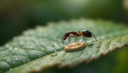 Macro Photography of an Ant on a Dew-Covered Leaf: A Tiny World of Wonder