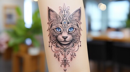 cat tattoo on hand close up photography 