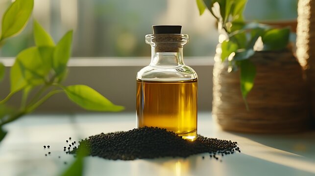 Black cumin oil on a table, white table