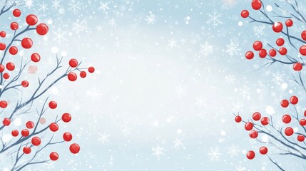 Obraz premium Beautiful Winter Background with Snowflakes and Red Berries on Branches, Perfect for Holiday Themes and Seasonal Decorations in Digital and Print Media