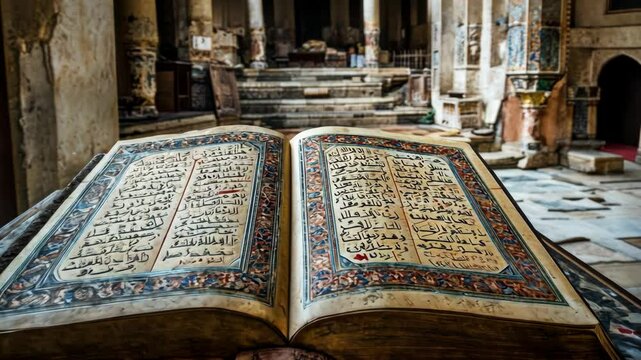 Historic manuscript on display in an ancient library showcasing intricate calligraphy and ornate design elements