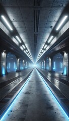 Obraz premium Realistic Garage Underground Lights Hallway Tunnel Corridor Sci Fi, Futuristic Dark Parking 