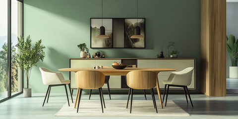 Modern dining table made of light oak wood metal accent surrounded four ergonomically designed chair mix of wood fabric light green background add touch of serenity balancing clean contemporary line