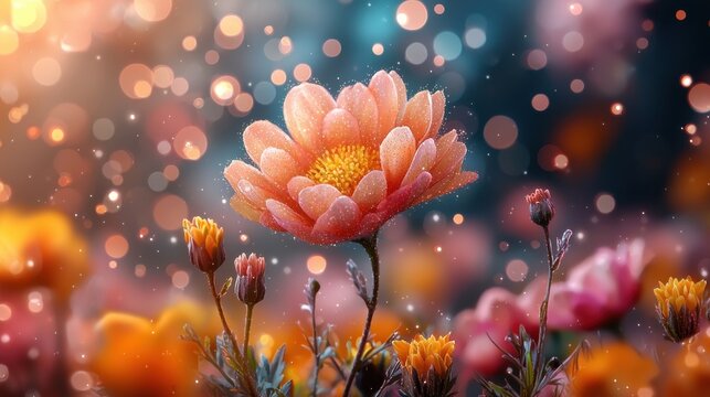 A stunning abstract background featuring a plethora of colorful bokeh flowers and plants, creating a dreamy and enchanting atmosphere.