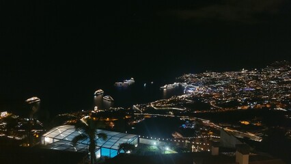 sea, ocean, water, mountain, cliff, madeira, island, madeira island, viewpoint, ship, cruise, boat, sky, blue, nature, city