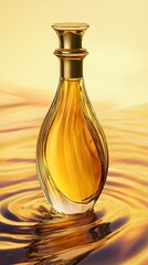 A luxurious bottle with a gold cap and amber liquid reflects on a glossy oil surface