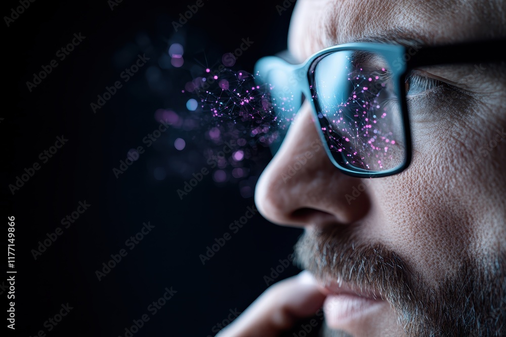 Poster this close-up showcases a contemplative bearded man with abstract light patterns emanating from his 