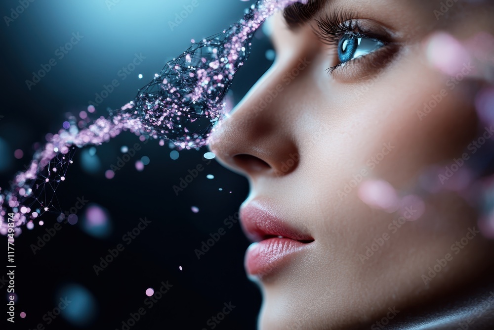 Poster a mesmerizing side profile of a woman, adorned with luminous light patterns, highlighting the inters