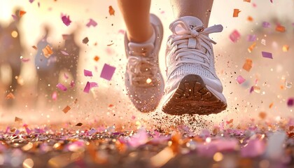 A close-up of running shoes kicking up dust and colorful confetti, capturing the vibrant energy of an outdoor celebration or event.