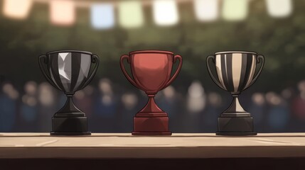 Three Award Trophies on a Wooden Surface
