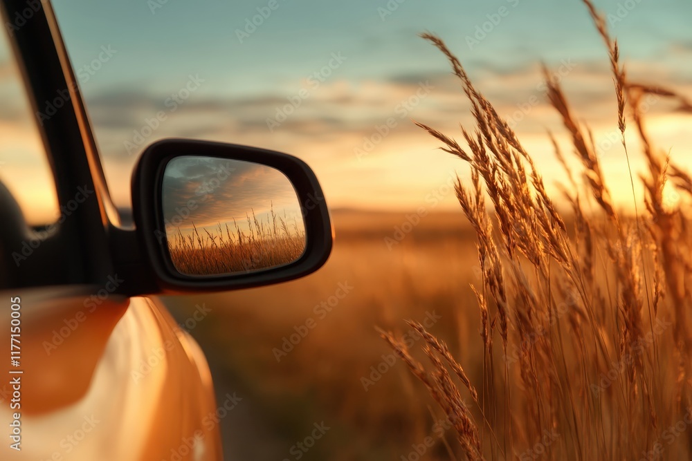Poster a captivating scene showing golden light filtering through grass, reflected in a car's side mirror, 
