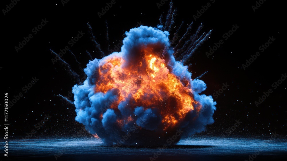 Poster fiery explosion in dark space: a digital rendering of a powerful blast