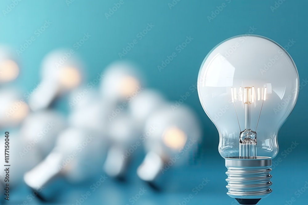 Poster the image captures a classic light bulb in sharp focus, while multiple out-of-focus bulbs create an 