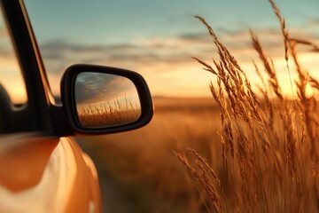 A captivating scene showing golden light filtering through grass, reflected in a car's side mirror, capturing the essence of summer drives into vibrant landscapes.