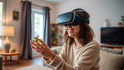 Woman Experiencing Virtual Reality at Home
