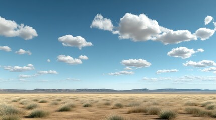 Fototapeta premium Panoramic sky features vibrant clouds blending with sunset colors, showcasing a tranquil and expansive atmosphere above the horizon.