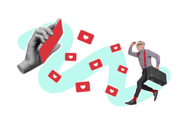 3d retro abstract creative artwork template collage of running fast social media addicted granddad notifications hearts big hand hold phone