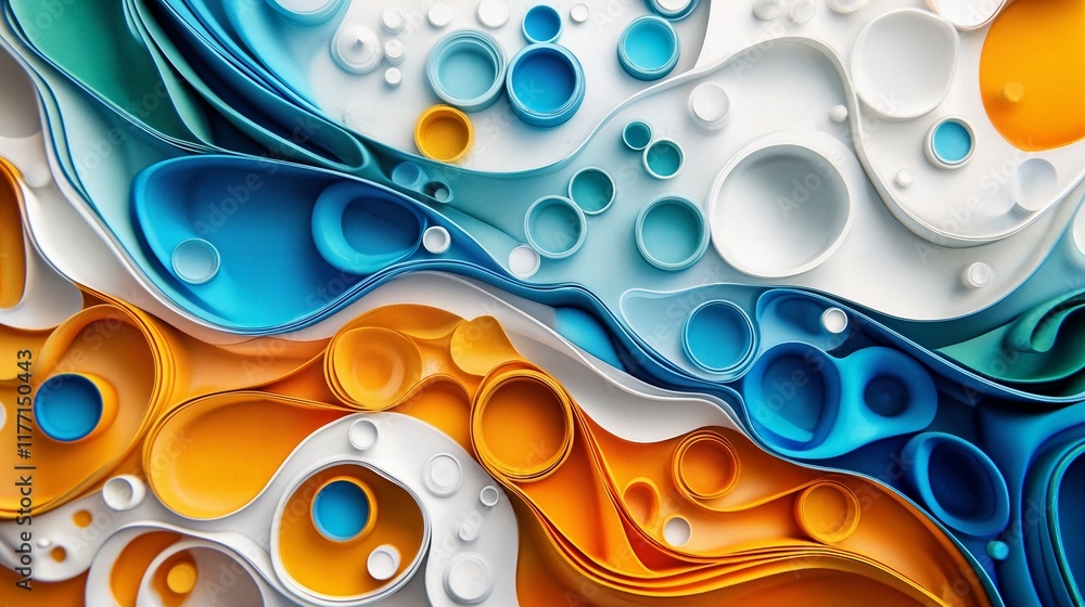 Poster a striking visual blending layered waves and circles in blue, orange, and white, creating a unique a