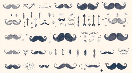 Hand-drawn mustaches, arrows, design elements, beige background, graphic design.
