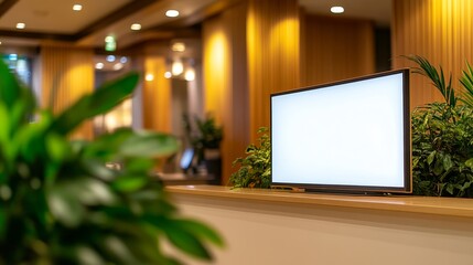 Blank Digital Signage, Modern Hotel Lobby Interior, Wood Paneling, Warm Lighting, Copy Space