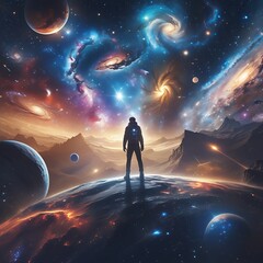  Astronaut Exploring a Cosmic Landscape with Galaxies and Planets