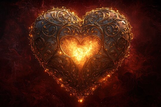 Ornate metallic heart ablaze within, fiery nebula background, ideal for romance or fantasy themes