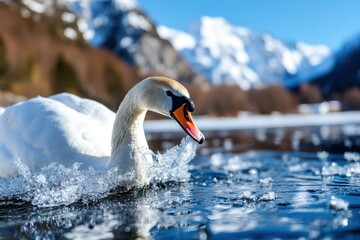 Fototapeta premium A majestic swan gliding gracefully across the water with snow-capped mountains in the background, evoking a sense of serenity and beauty in nature's landscape.
