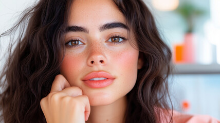 close up portrait of young woman with wavy hair and natural makeup, showcasing her expressive eyes and freckles, conveying sense of warmth and confidence