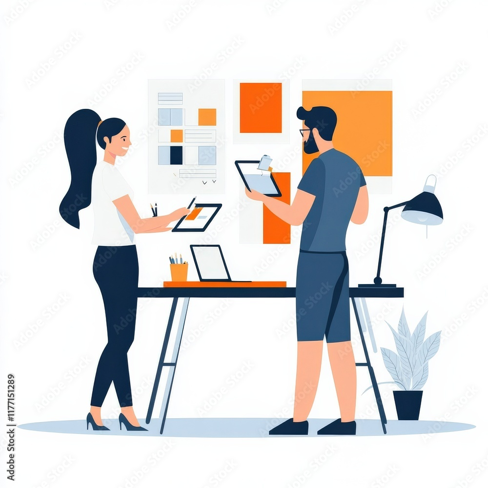 Poster creative team collaboration in modern office space with bright elements and technology, showcasing d