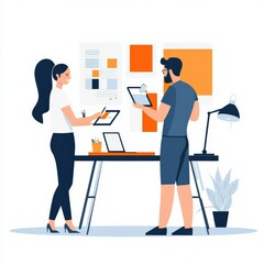 Creative Team Collaboration in Modern Office Space with Bright Elements and Technology, Showcasing Design Work in Progress and Professional Interaction