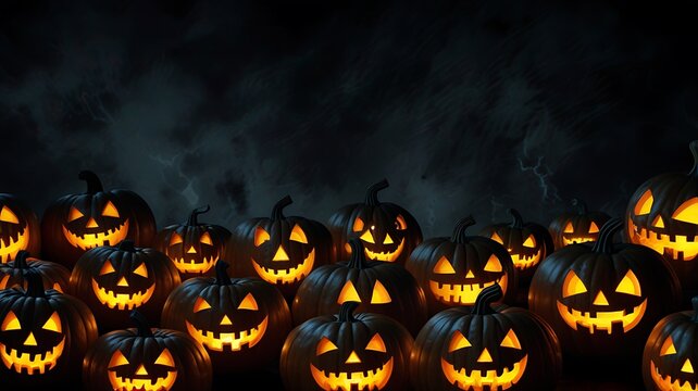 Spooky Halloween Wallpaper With Glowing Jack O' Lantern Faces On A Black Background