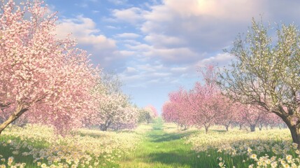 Fototapeta premium Spring Blossoms: A Serene Orchard Path