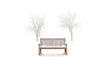Tranquil Serenity: Snow-Covered Wooden Bench in a Peaceful Winter Wonderland Park